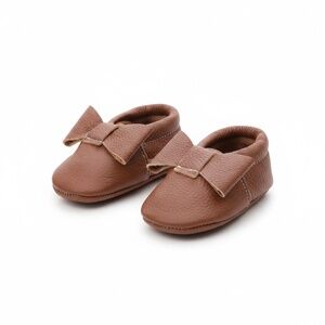 MAC & LOU Brown Bow Baby Moccasins (0–3 mo, 3–6 mo)